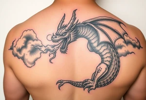 fierce dragon breathing iridescent fire against stormy skies tattoo idea