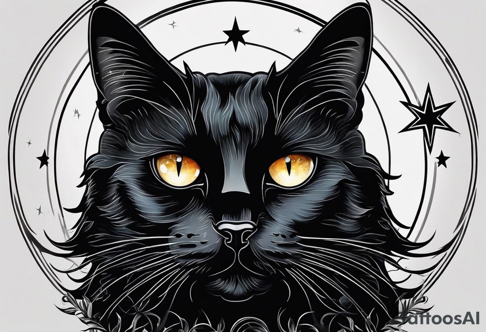 Photo realistic black cat head with moon and stars tattoo idea