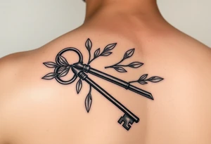 A metal key wrapped in olive leaves on the left arm tattoo idea