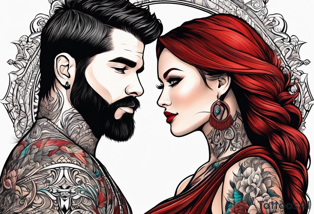 Busty red haired woman with a bearded man who has black hair tattoo idea
