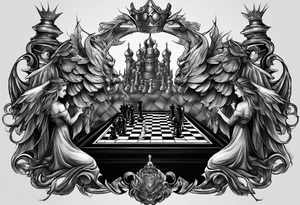 a chessboard with angelic and demonic chess pieces engaged in a strategic game, symbolizing the eternal battle between opposing forces. tattoo idea