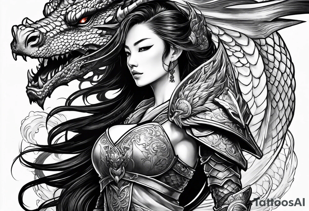 beautiful warrior woman wearing dragon armor and a dragon  flying tattoo idea