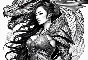 beautiful warrior woman wearing dragon armor and a dragon  flying tattoo idea