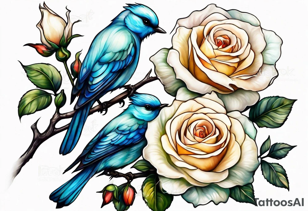 Two birds sitting on a stem of White roses with another bird flying in to land on stem tattoo idea