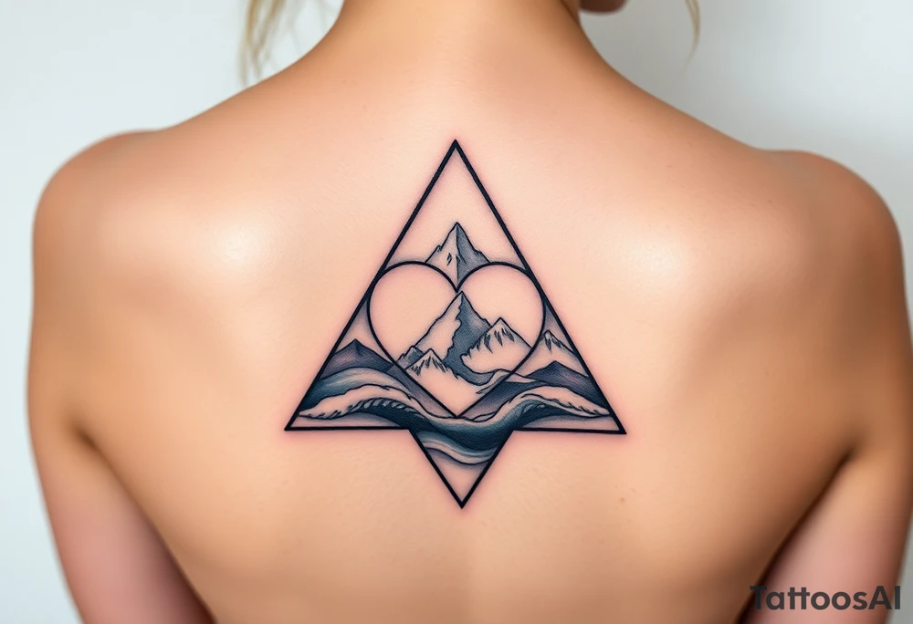 A triangle with a big heart in the center with an ocean mountain theme tattoo idea
