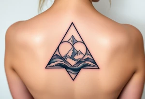 A triangle with a big heart in the center with an ocean mountain theme tattoo idea