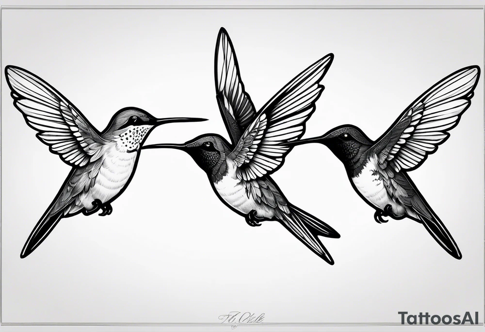 three hummingbirds. One bird is facing left, another is facing right, and the third is flying upward. only hummingbirds. tattoo idea
