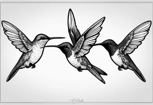 three hummingbirds. One bird is facing left, another is facing right, and the third is flying upward. only hummingbirds. tattoo idea
