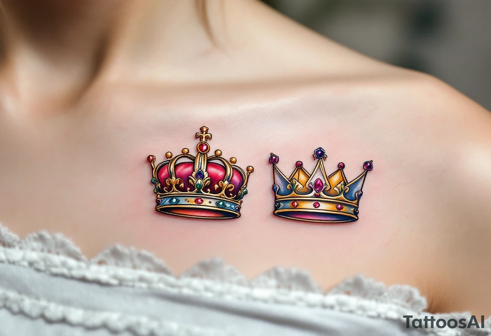 Gold-inked two royal queen and king crowns with tiny emerald and ruby details. tattoo idea