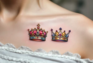 Gold-inked two royal queen and king crowns with tiny emerald and ruby details. tattoo idea