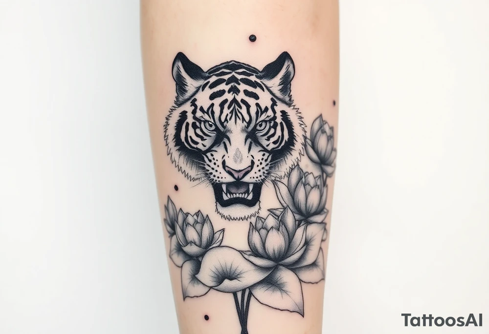 fierce tiger emerging through blooming lotus flowers in mist tattoo idea