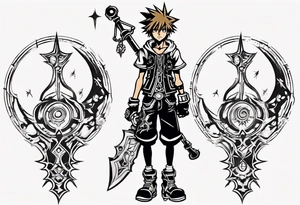 sora from kingdom hearts, weilding sora’s keyblade, silhouette of sora in the background against the moon, sora full body frontal, bicep tattoo, forearm tattoo, neotraditional style tattoo idea