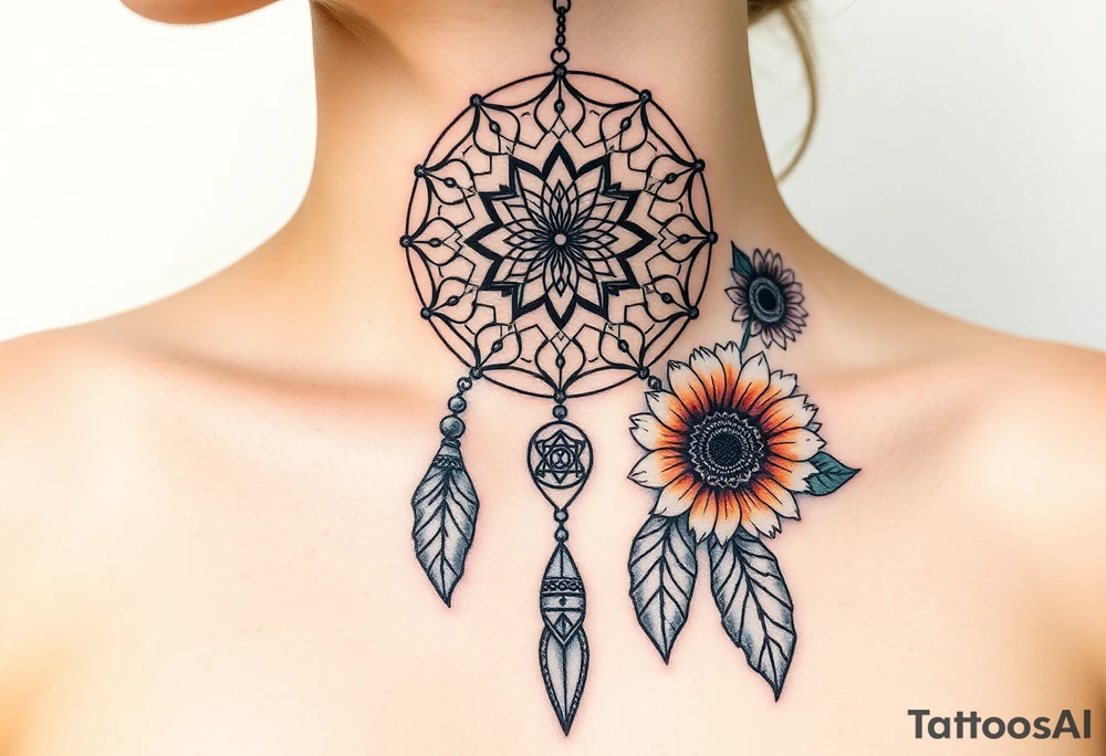Dreamcatcher with zodiac symbols and protection runes caught in it with tigerlillies roses and sunflowers tattoo idea