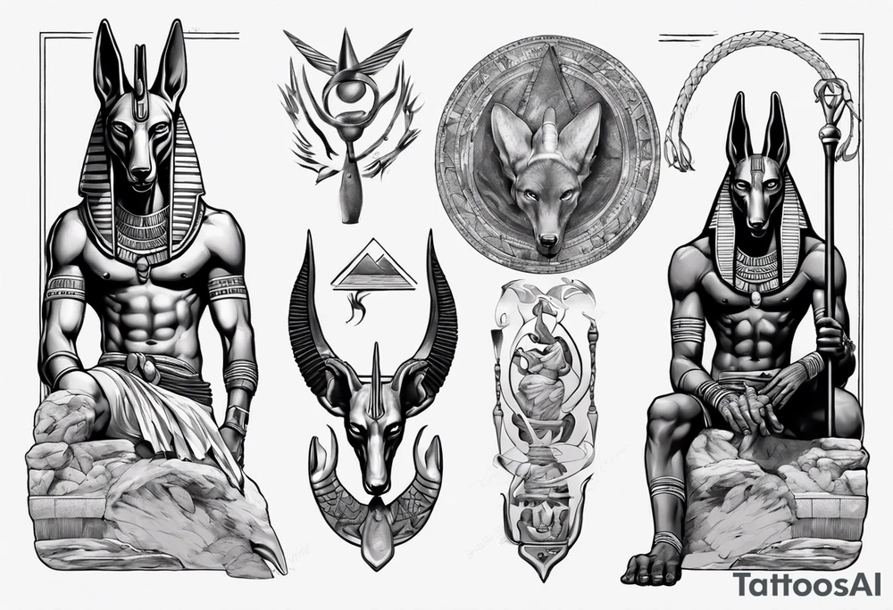 Egyptian god Anubis with snakes next to him in the desert tattoo idea