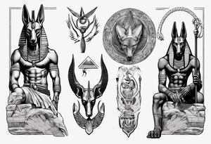 Egyptian god Anubis with snakes next to him in the desert tattoo idea