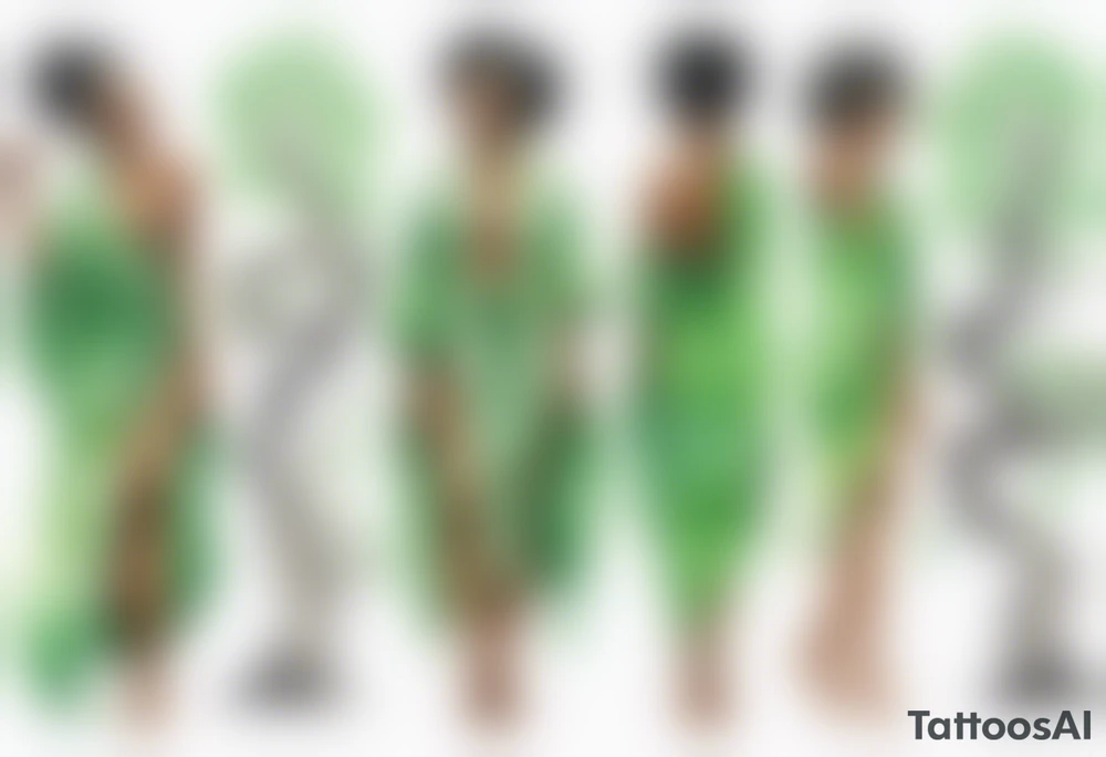 a beautiful black woman wearing a green robe with legs that turn into tree roots, arms reaching up towards the sun tattoo idea