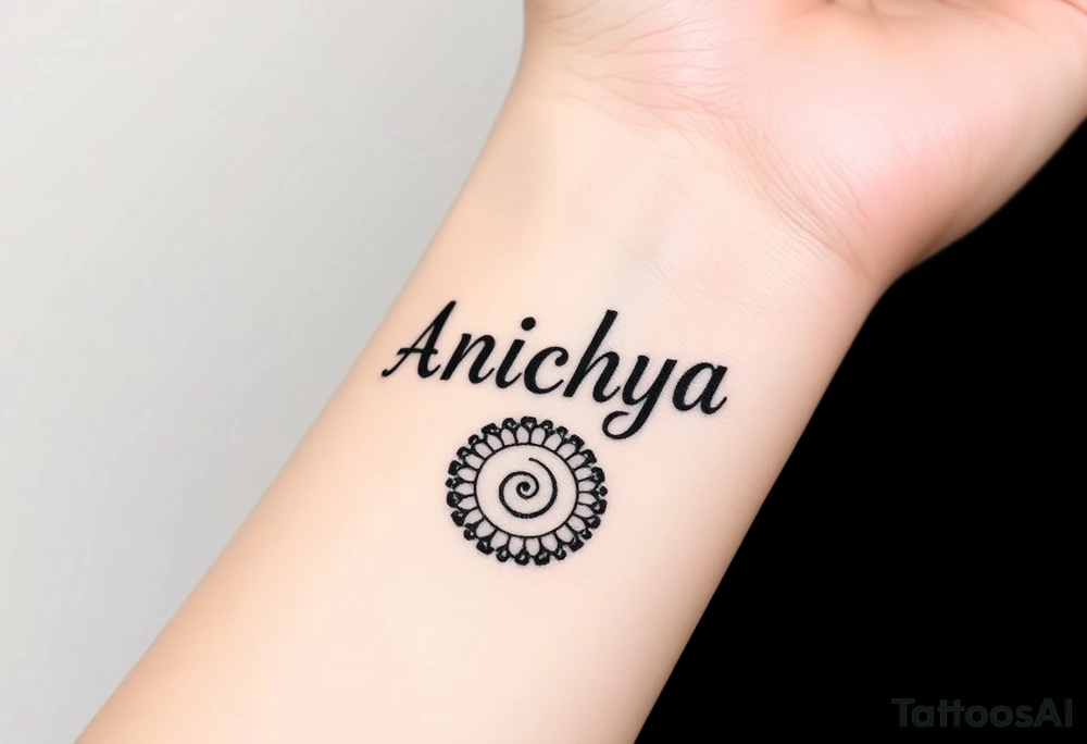 Create a tattoo that writes the Hindi word "Anichya" with A circle or spiral, which represents the cyclical nature of life and death tattoo idea