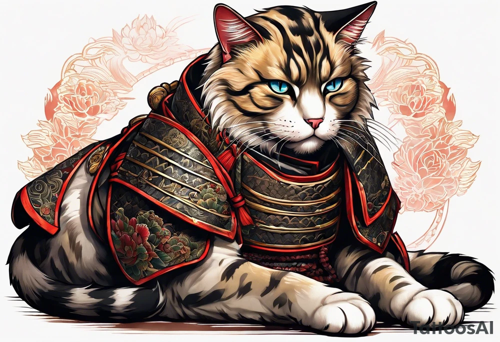 Full body of a cat in samurai armor on top of dead bodies tattoo idea