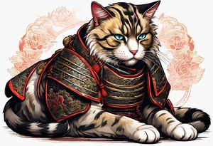 Full body of a cat in samurai armor on top of dead bodies tattoo idea