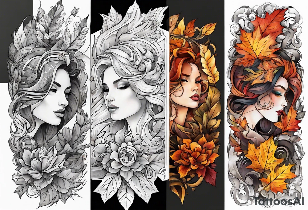 Arm Sleeve Tattoo with fall colors flat tattoo idea