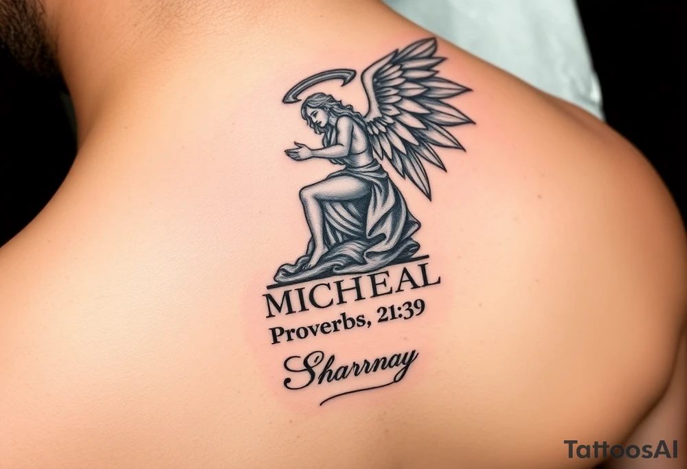 i want to fill my whole forearm so a full half sleeve can you generate archangel micheal stepping on the devils head like defeating him and then can you put  proverbs 21:39 below and put my moms name “Sharnay” with her eyes and fill wtv you want in with the rest just match the theme tattoo idea