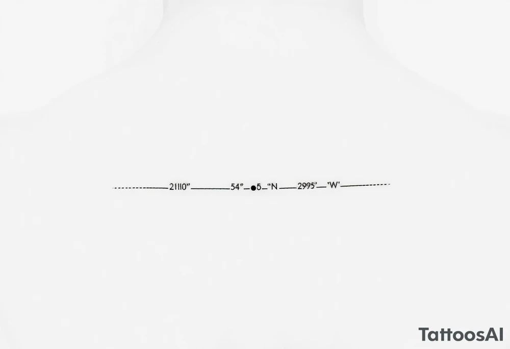 A minimal fine-line tattoo showing a straight, thin horizontal timeline with two small evenly spaced dots. Below the first dot, write the coordinates: "24°10′N, 20°16′E". Below the second dot, write: "53.4084°N, 2.9916°W". Above each coordinate, place a small circle or marker dot to signify key points. Beneath the entire timeline, add a single row of visual Morse code symbols using only dots (●) and dashes (—), arranged like this: — ● — ●   ● —   ● — ●   — — —   ● — ● ●   ● ●   — ● ●   ● — tattoo idea