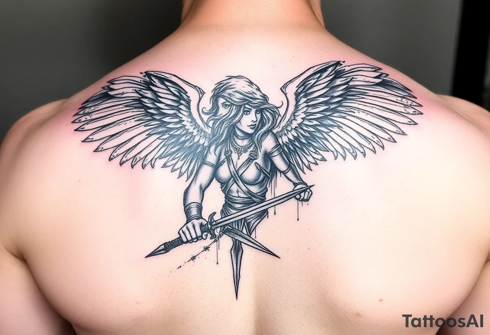 Fierce Female Angel warrior with dark shading tattoo idea