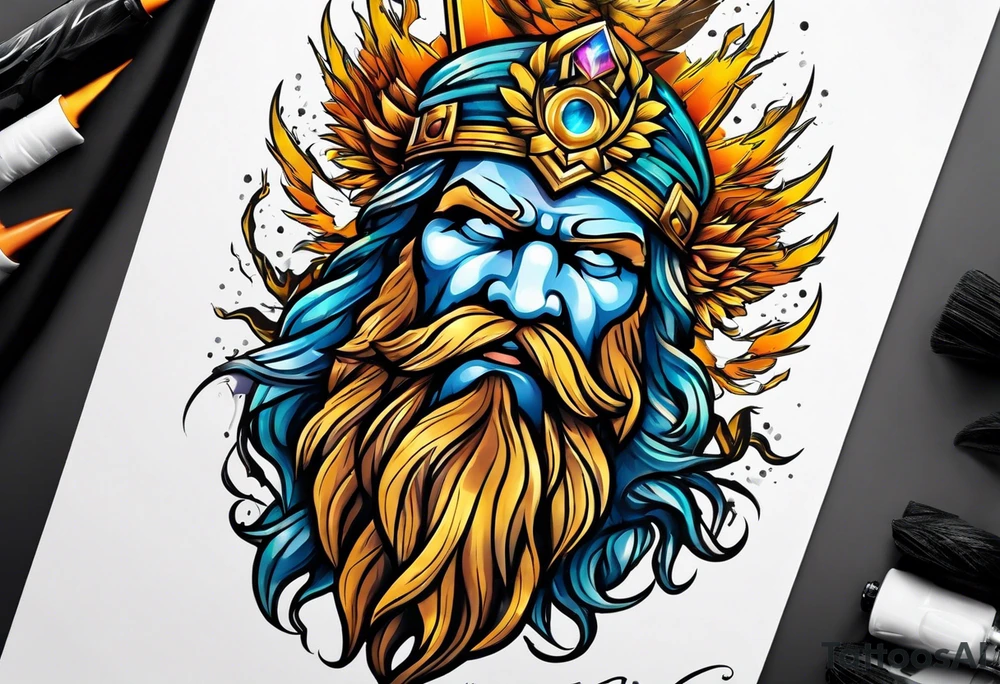 Zeus tattoo with lighting eyes, angry and holding lighting bolts tattoo idea