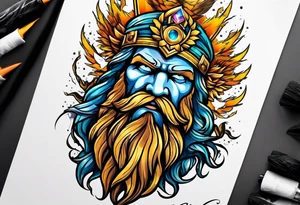 Zeus tattoo with lighting eyes, angry and holding lighting bolts tattoo idea