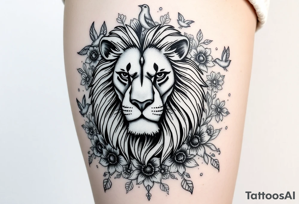 powerful majestic lion with a crown, surrounded by floral ornaments and birds tattoo idea