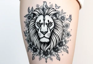 powerful majestic lion with a crown, surrounded by floral ornaments and birds tattoo idea