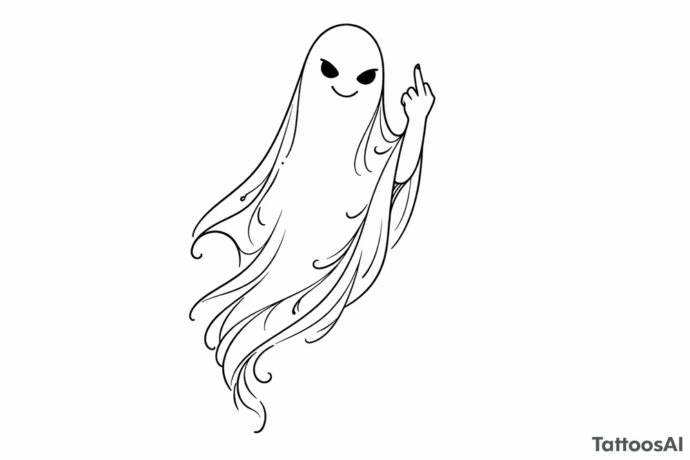 Minimalist line art ghost, cheekily raising middle finger, slender form. tattoo idea