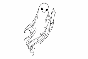 Minimalist line art ghost, cheekily raising middle finger, slender form. tattoo idea