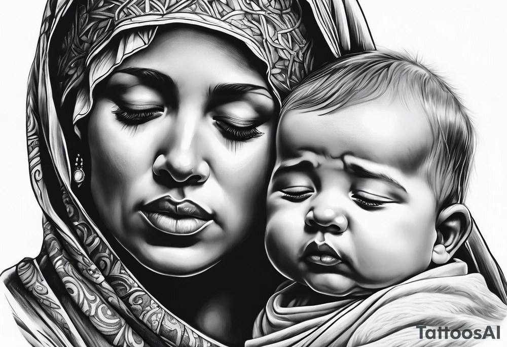 Mary holding baby Jesus in her arms crying tattoo idea