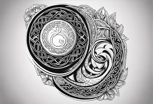 A tattoo in Celtic style with a sun and a moon the tattoo must have a long shape and I want a snake running trough it tattoo idea