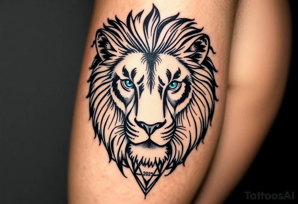 Half vertical Lions face with big flowy mane in a more realism style. Placement is on the back of the leg. The other half blends elements of curiosity and exploration through nature elements (forest, water, etc). Also add in geometric patterns around the lion. Make the eyes blue. Hide the date 03.12.2025 in Roman numerals somewhere in the geometric patterns. Think real hard and creatively tattoo idea