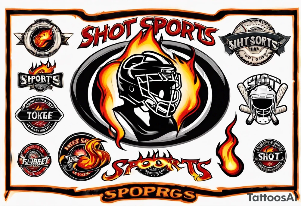 hockey puck with flames on it's side that says "SHOT SPORTS" tattoo idea