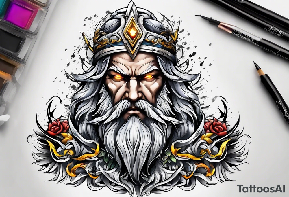 Zeus tattoo with lighting eyes, angry and holding lighting bolts tattoo idea