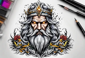 Zeus tattoo with lighting eyes, angry and holding lighting bolts tattoo idea