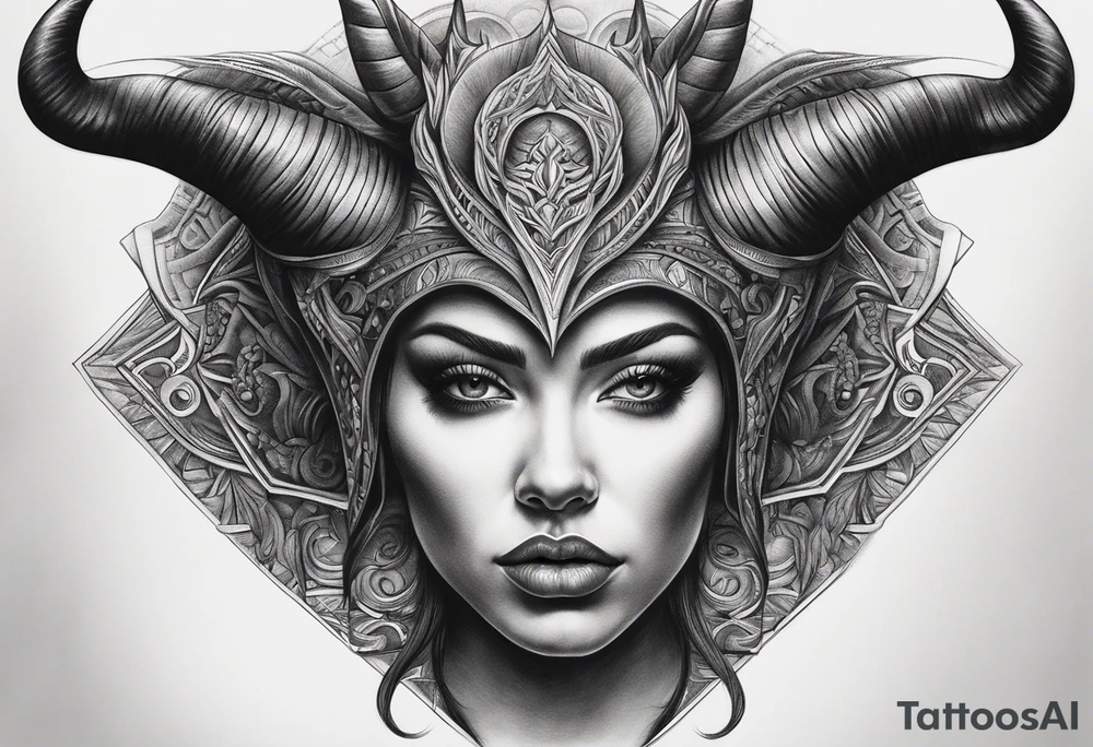 symmetrical woman head with curved horns facing downwards dark realism looking front facing view, ultra-detailed, high quality, high sharpness, hyper-realism, hyper-details, hyper-photorealistic, hyper-realistic tattoo idea
