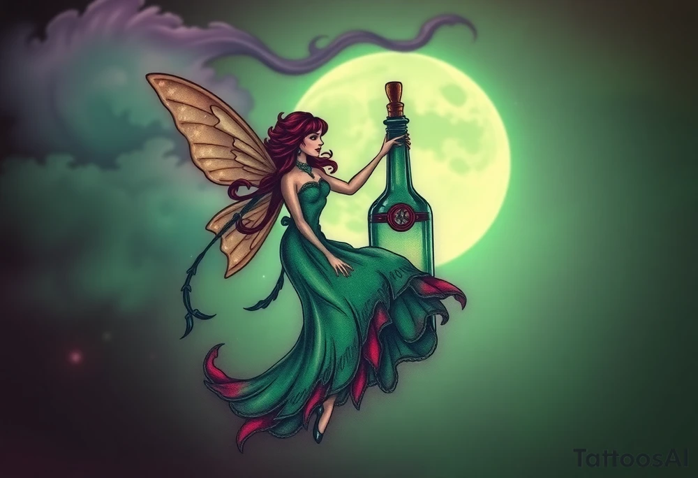 Tim Burton’s pin up style Vintage Parisian elegant and hauntingly beautiful yet eerie full body absinthe Green Fairy dances outside her victorian crystal decatur absinthe bottle Absinthe Art Nouveau   and dripping with muted reds, dusty pinks, and eerie green glow.purple and cyan smokey clouds swirl in the crescent moonlit sky thats sprinkled with stars tattoo idea