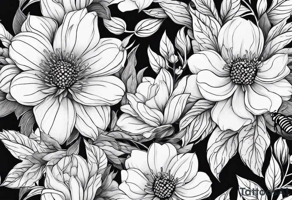Arm wrap floral dainty soft leaves with bee dragonflower tattoo idea