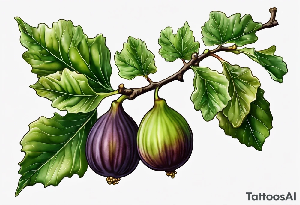 A fig branch with 3 greenish-brown fruits and multiple lobed fig leaves tattoo idea