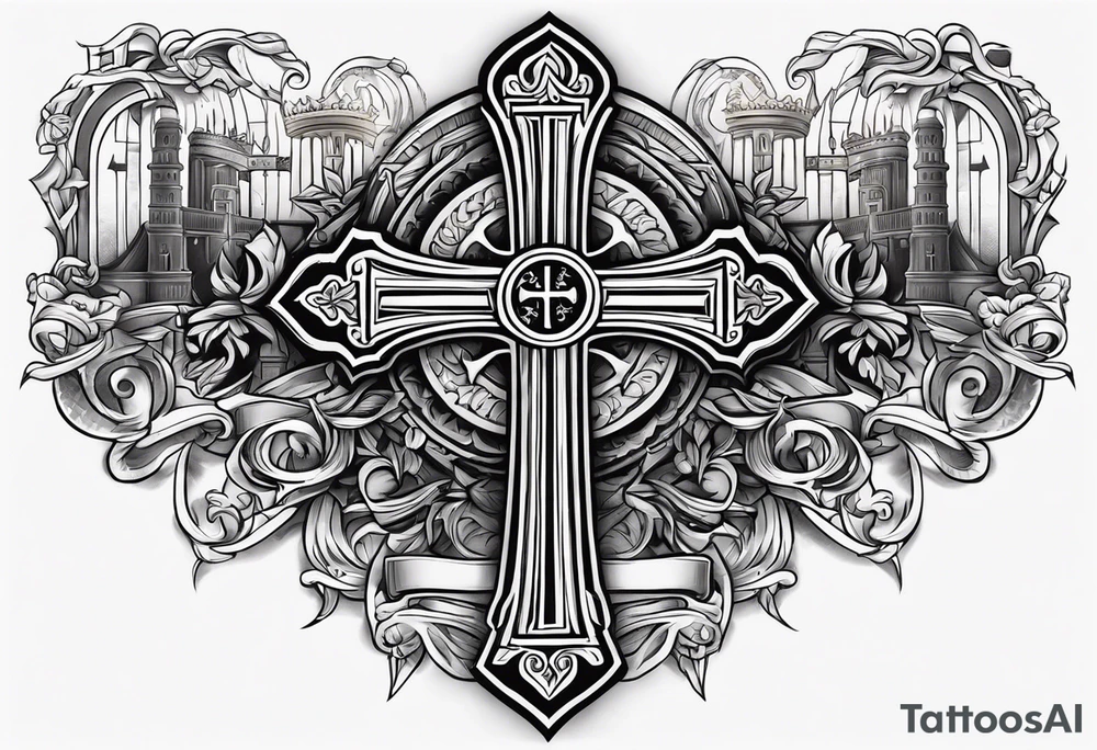 Cross with wording saying Loyalty Is Key in old English with two guns and money in the background tattoo idea