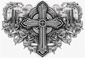 Cross with wording saying Loyalty Is Key in old English with two guns and money in the background tattoo idea