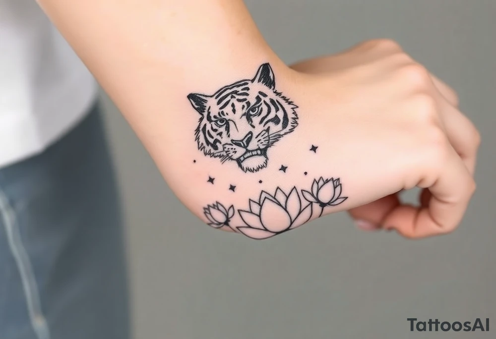 fierce tiger emerging through blooming lotus flowers in mist tattoo idea