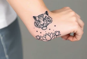 fierce tiger emerging through blooming lotus flowers in mist tattoo idea