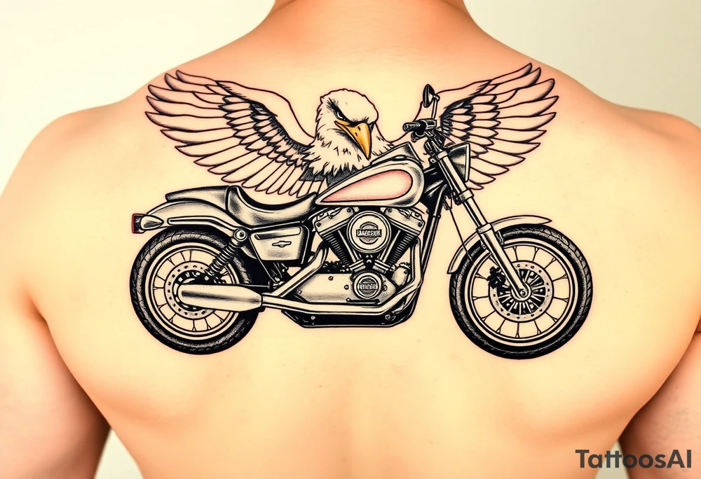 Harley Davidson sporter motorcycle with bald eagle American flag background tattoo idea