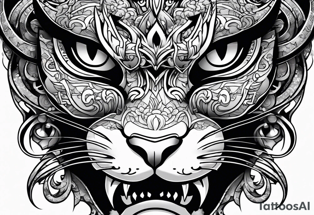 Half oni face mask,  half cat tattoo idea
