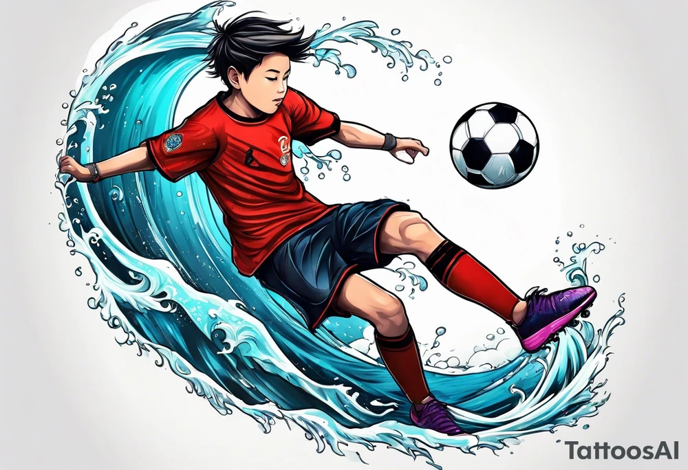 kid playing soccer in ocean tattoo idea